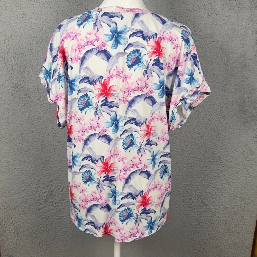 Tommy Bahama Top Womens Medium White Floral V Neck Short Sleeve Tropical Preppy - Picture 3 of 9